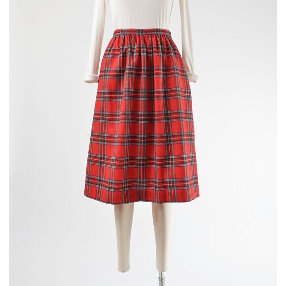 Vintage 70s Red Tartan Plaid Wool Blend Preppy Full Midi Skirt with Pockets S - Picture 2 of 6